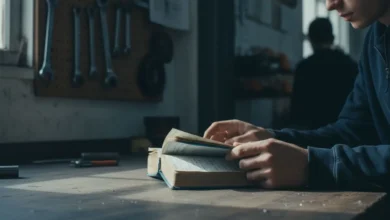 Mains d'un élève tenant un carnet de stage usé sur une table d'atelier, outils flous en arrière-plan