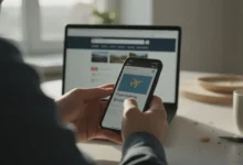 Mains tenant un smartphone affichant un email de réservation de vol, ordinateur portable flou en arrière-plan sur une table