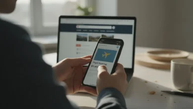 Mains tenant un smartphone affichant un email de réservation de vol, ordinateur portable flou en arrière-plan sur une table