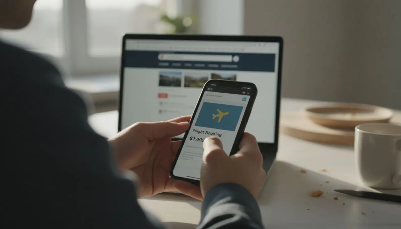 Mains tenant un smartphone affichant un email de réservation de vol, ordinateur portable flou en arrière-plan sur une table