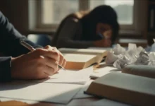 Mains crispées tenant un stylo au-dessus de copies d'examen et de livres de littérature ouverts