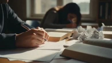 Mains crispées tenant un stylo au-dessus de copies d'examen et de livres de littérature ouverts