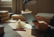 Mains tenant un manuel de littérature française à côté d'une copie froissée sur un bureau encombré