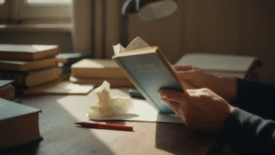 Mains tenant un manuel de littérature française à côté d'une copie froissée sur un bureau encombré