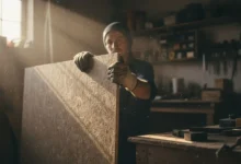 Mains gantées manipulant un panneau de particules dans un atelier, poussière visible dans un rayon de lumière