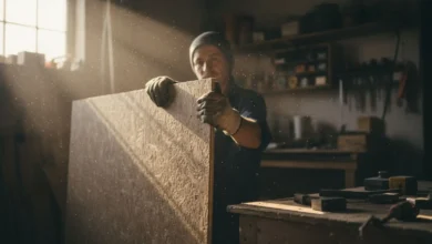 Mains gantées manipulant un panneau de particules dans un atelier, poussière visible dans un rayon de lumière