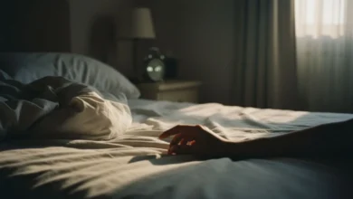 Lit défait aux draps froissés dans la lumière matinale, oreiller marqué et réveil flou en arrière-plan