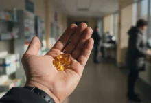 Main tenant des gélules translucides de vitamine D devant une fenêtre baignée de lumière hivernale