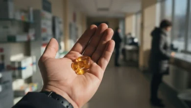 Main tenant des gélules translucides de vitamine D devant une fenêtre baignée de lumière hivernale