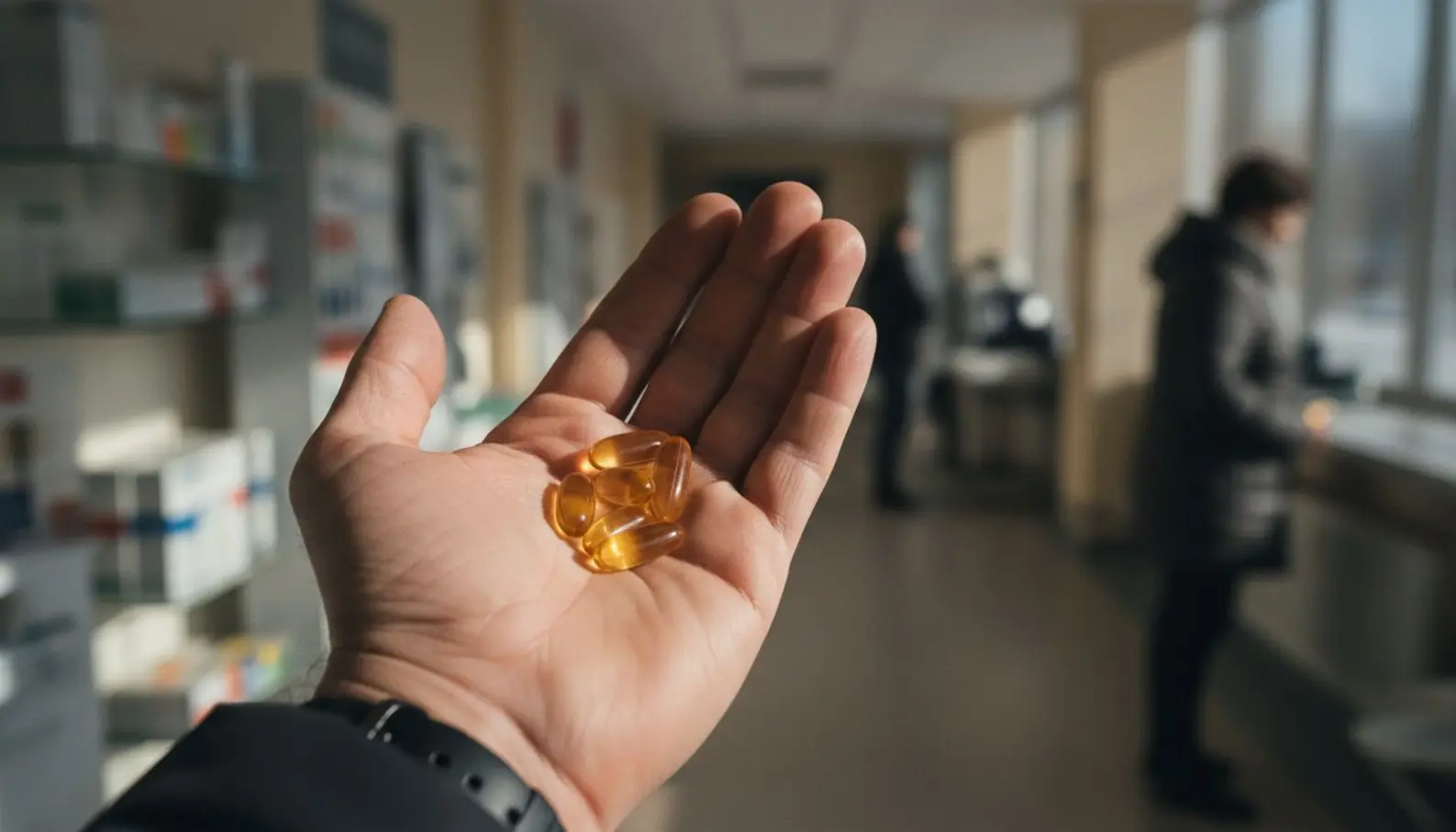 Main tenant des gélules translucides de vitamine D devant une fenêtre baignée de lumière hivernale