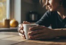 Mains fatiguées tenant une tasse de café à moitié vide sur une table de cuisine, lumière matinale
