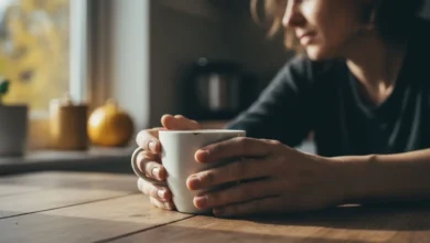 Mains fatiguées tenant une tasse de café à moitié vide sur une table de cuisine, lumière matinale