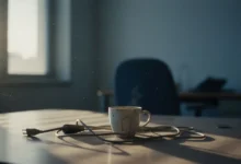 Bureau vide avec tasse de café abandonnée et câbles débranchés, lumière naturelle par la fenêtre