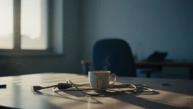 Bureau vide avec tasse de café abandonnée et câbles débranchés, lumière naturelle par la fenêtre