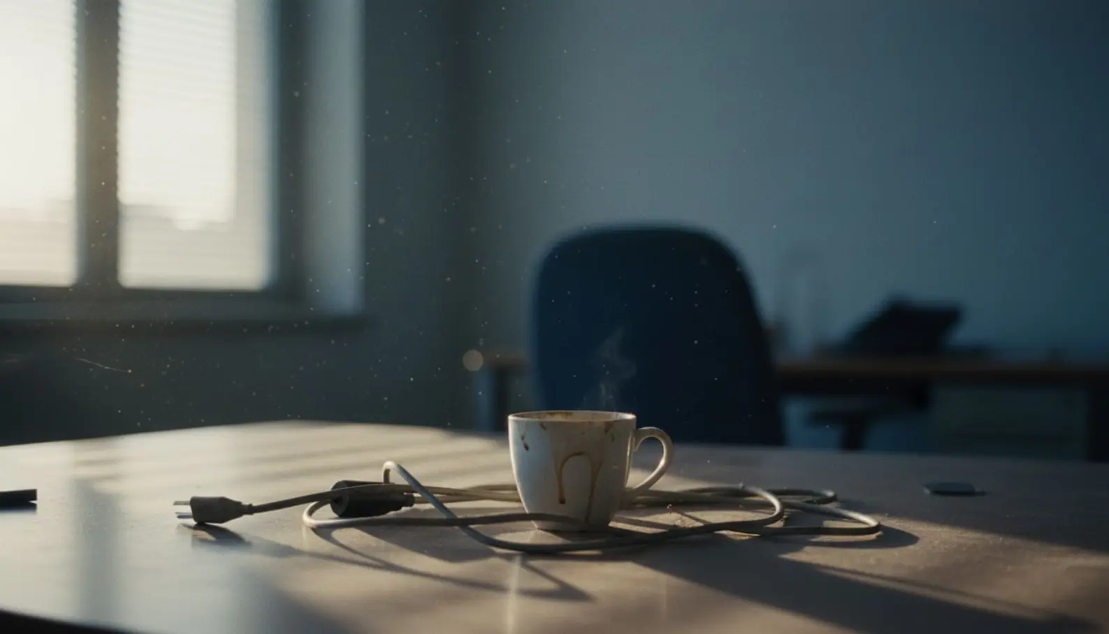 Bureau vide avec tasse de café abandonnée et câbles débranchés, lumière naturelle par la fenêtre