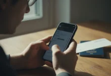 Mains tenant un smartphone affichant une réservation de vol, carte d'embarquement floue en arrière-plan