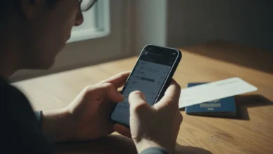 Mains tenant un smartphone affichant une réservation de vol, carte d'embarquement floue en arrière-plan