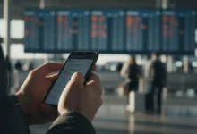 Mains tenant un smartphone affichant une confirmation de vol, tableau des départs d'aéroport en arrière-plan flou