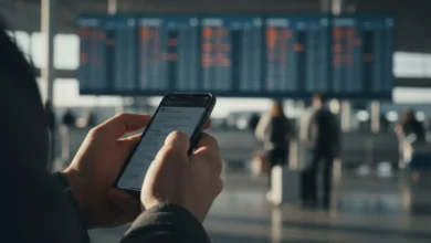 Mains tenant un smartphone affichant une confirmation de vol, tableau des départs d'aéroport en arrière-plan flou