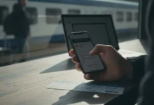 Main tenant un smartphone affichant une notification email suspecte, carte d'embarquement posée sur une table en bois