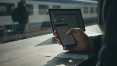 Main tenant un smartphone affichant une notification email suspecte, carte d'embarquement posée sur une table en bois