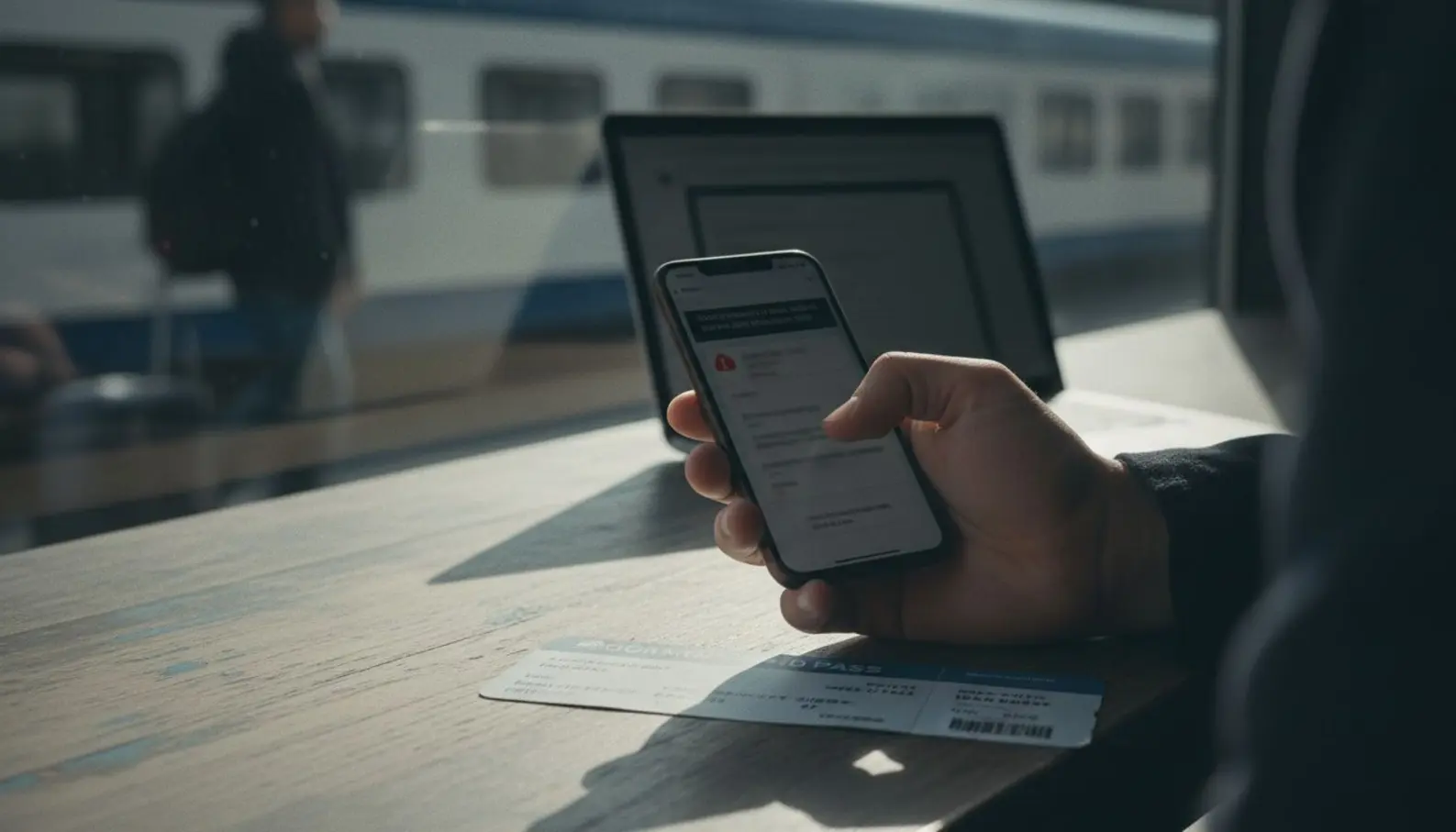 Main tenant un smartphone affichant une notification email suspecte, carte d'embarquement posée sur une table en bois