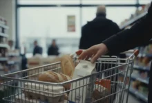 Main hésitante au-dessus d'un caddie de supermarché contenant pain, lait et œufs sous éclairage néon