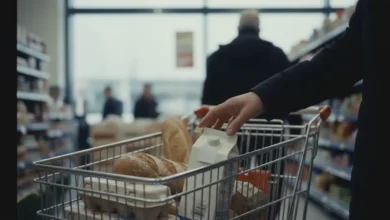 Main hésitante au-dessus d'un caddie de supermarché contenant pain, lait et œufs sous éclairage néon