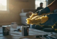 Mains gantées manipulant un matériau isolant avec des particules de poussière visibles dans un rayon de lumière
