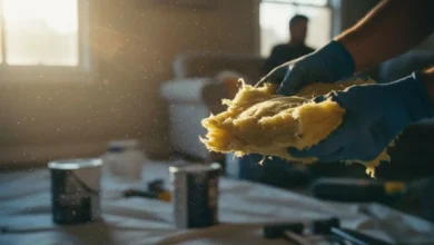 Mains gantées manipulant un matériau isolant avec des particules de poussière visibles dans un rayon de lumière