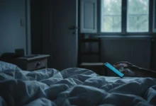 Smartphone allumé posé sur une table de nuit dans une chambre plongée dans l'obscurité, draps froissés au premier plan