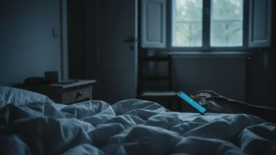Smartphone allumé posé sur une table de nuit dans une chambre plongée dans l'obscurité, draps froissés au premier plan