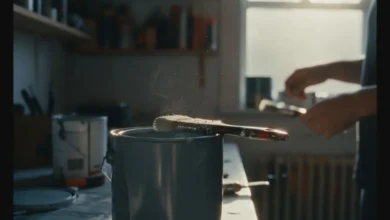 Pot de peinture ouvert avec pinceau, vapeurs légères visibles dans la lumière naturelle d'un atelier