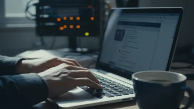 Mains tapant sur un clavier d'ordinateur portable devant un écran affichant des offres d'emploi floues