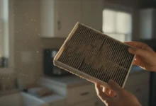 Mains tenant un filtre domestique encrassé avec poussière visible en suspension dans la lumière naturelle