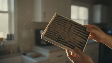 Mains tenant un filtre domestique encrassé avec poussière visible en suspension dans la lumière naturelle