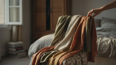 Vêtements aux teintes terracotta et vert sauge posés sur une chaise en bois près d'une fenêtre