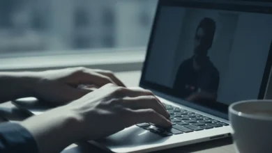 Mains sur un clavier d'ordinateur portable avec un appel vidéo flou en arrière-plan, lumière naturelle