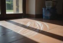 Traces blanches sur carrelage terracotta après passage de serpillière sous lumière intense d'été