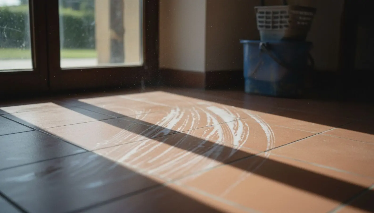 Traces blanches sur carrelage terracotta après passage de serpillière sous lumière intense d'été