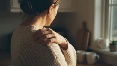 Main de femme pressée contre le haut du dos, geste de douleur dans un intérieur domestique éclairé naturellement