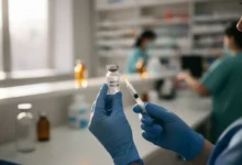 Mains gantées d'un soignant préparant une seringue de vaccin dans un cabinet médical