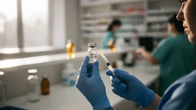 Mains gantées d'un soignant préparant une seringue de vaccin dans un cabinet médical