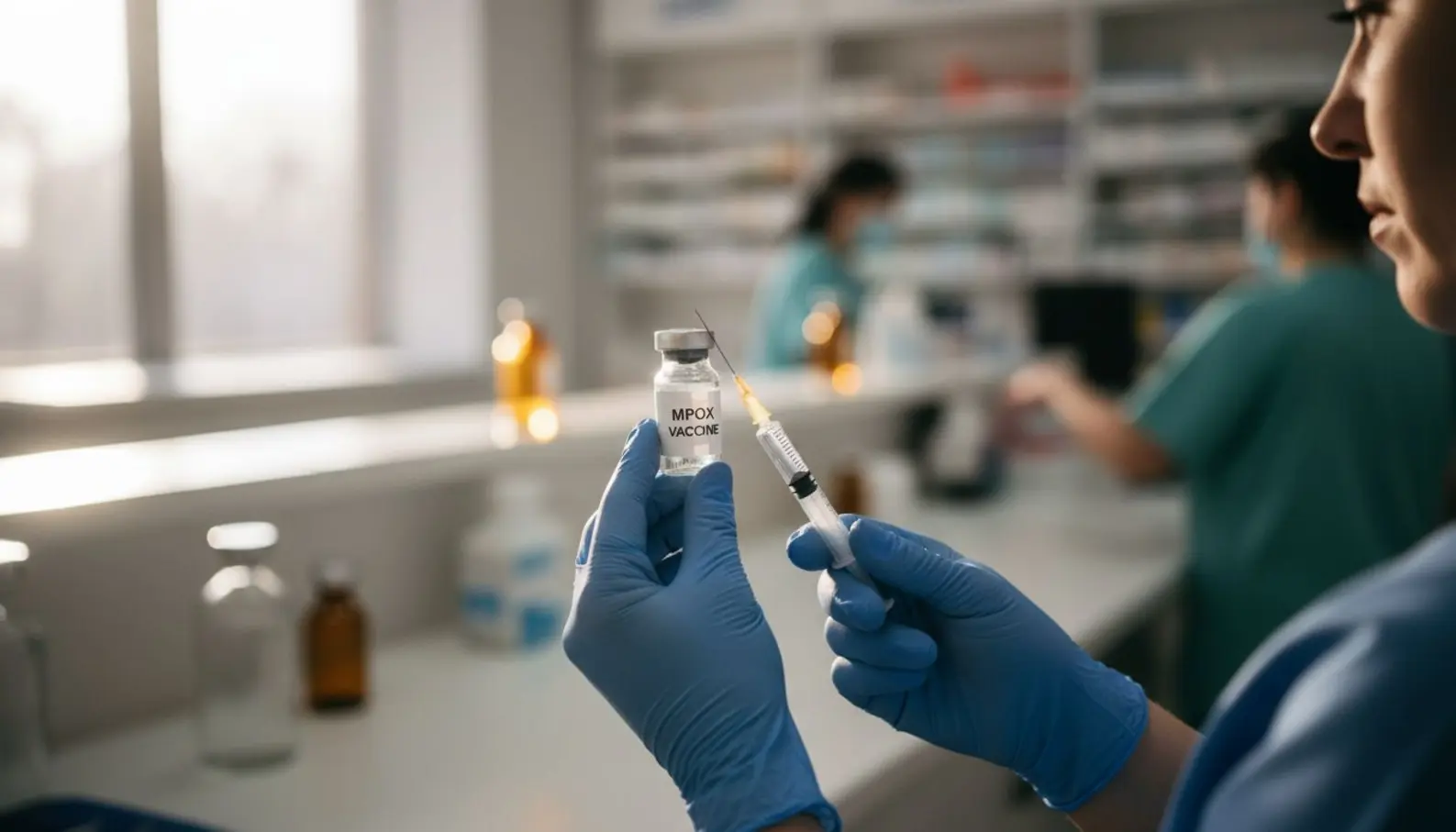Mains gantées d'un soignant préparant une seringue de vaccin dans un cabinet médical