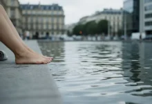 Pieds nus au bord d'un bassin de baignade urbain, reflets sur l'eau, ambiance fin d'été