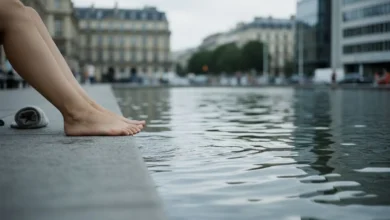 Pieds nus au bord d'un bassin de baignade urbain, reflets sur l'eau, ambiance fin d'été