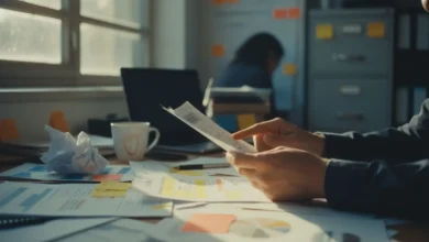 Mains tenant des documents financiers sur un bureau encombré de papiers budgétaires annotés