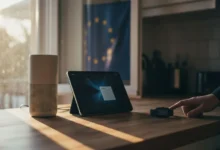 Objets connectés du quotidien posés sur un plan de travail, éclairés par la lumière naturelle d'une fenêtre