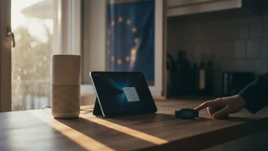 Objets connectés du quotidien posés sur un plan de travail, éclairés par la lumière naturelle d'une fenêtre