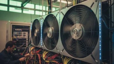 Ventilateurs industriels de refroidissement dans une salle de serveurs éclairée par des LED bleues